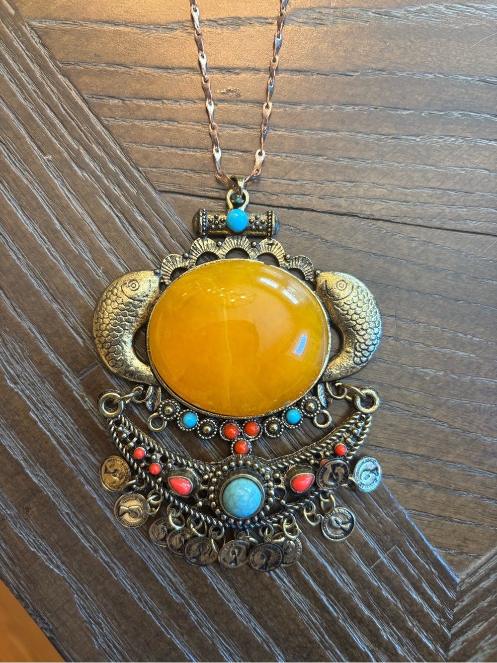 Bohemian Statement Pendant Necklace with Yellow Resin and Turquoise Accents